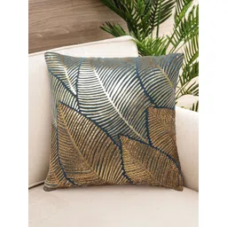NISRAG HOME Blue & Gold-Toned Embroidered & Embellished Square Cushion Cover-picture-20