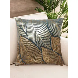 NISRAG HOME Blue & Gold Toned Floral Embellished Velvet Square Cushion Cover-picture-32