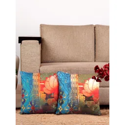 NISRAG HOME Blue and Red 2 Pieces Floral EMROIDERED LOTUS Cushion Covers-picture-23