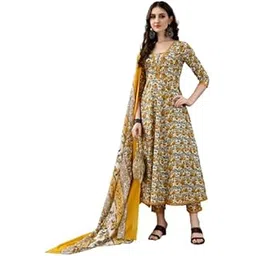 nivana Floral Printed Pure Cotton V-Neck Anarkali Kurta with Trousers & Dupatta for Womens | Fashionable-picture-13
