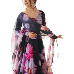 NIVANSH Fashion Women's Georgette Fit & Flare Floral Pattern Full Sleeve Semi-Stitched Gown with Duppata (Black) Size : X-Large-picture-13