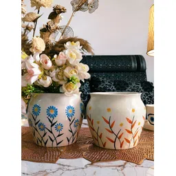NIYARA Cream & Red 2 Pieces Floral Designed Ceramic Planters-picture-37