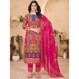 NKV Ethnic Motifs Printed Round Neck Mirror Work Kurta With Trousers & Dupatta-picture-27