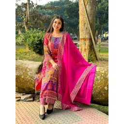 NKV Ethnic Motifs Printed Round Neck Mirror Work Straight Kurta With Palazzo & Dupatta-picture-20