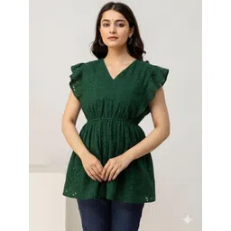 NNAVDHA Embellished Embroidered Flutter Sleeve Cotton Schiffli Peplum Top-picture-24