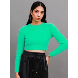 NoBarr Boucle Round Neck Full Sleeves Crop Ribbed Pullover Sweater-picture-23