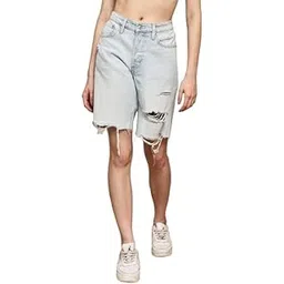 nobarr Women's Light Blue Distressed Knee-Length Denim Shorts-picture-48