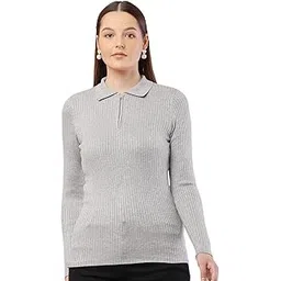 nobarr Women's Viscose Full Sleeve with Shirt Collar Ribbed Blue Sweater-picture-41