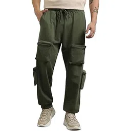nobero Men's Loose Mid Rise Solid Oversized Cargo Pocket Joggers-picture-34