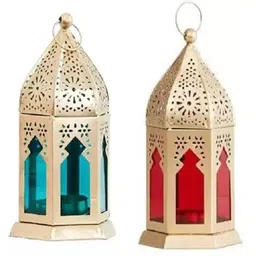 noble foods METAL DECORATIVE GOLDEN LANTERN CANDLE HOLDER, SET OF 2, TEALIGHT HANGING Multicolor Metal Hanging Lantern-picture-10