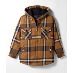 Noddy Full Sleeves Checked Light Winter Hooded Anti Pilling Jacket - Brown-picture-38