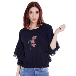Noi Women Navy Blue Rose Embroidered Blouson Top-picture-36