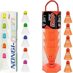 NONGI NEO and NEON Badminton Plastic Shuttlecocks Combo for Indoor and Outdoor Sports, Pack of 10, 5 pcs Orange Shuttlecockes (NEO) and 5pcs Multicolored Cork Shuttle (PRO), Speed Medium (77)-picture-27