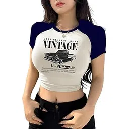noohy Vintage Classic Car Raglan Crop Top, Navy Blue and White, Short Sleeve Graphic T-Shirt-picture-16