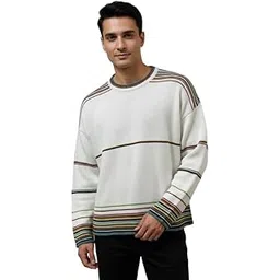 noquo Men’s Off-White Striped Knit Sweater – Casual Crew Neck Acrylic Pullover-picture-46