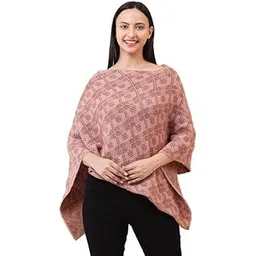 noquo Women’s Pink Woolen Poncho with Stylish Geometric Design - Casual Oversized Winter Cape-picture-37