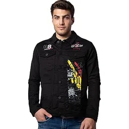 nostrum Men's Welch Denim Jacket, Black Casual Style, Embroidered Graphic Design, Button Front Closure-picture-25