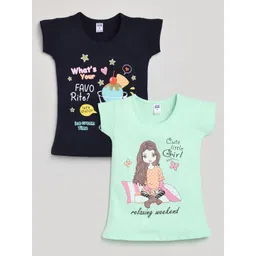 Nottie Planet Girls Navy Blue & Sea Green Printed Cotton  T-shirt Pack Of 2-picture-50