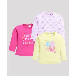 Nottie Planet Pack of 3 Cotton Jersey Full Sleeves Pretty As A Flower & G R W Text Printed Tees - Rani Pink & Yellow-picture-12