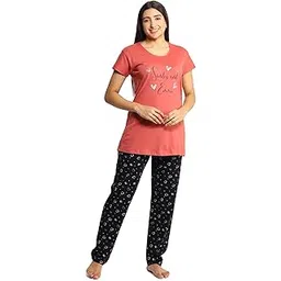 noty Women's Cotton- Night Suit | Round Neck | Night Wear | Night Dress | Loungewear- Cotton Knits Fabric- Captions image 1
