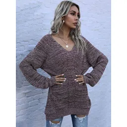 NOWI Women Maroon Self Design V-Neck Pullover-picture-16