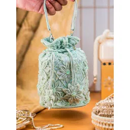 NR BY NIDHI RATHI Light Green Satin Potli Clutch with Floral Detailing-picture-23