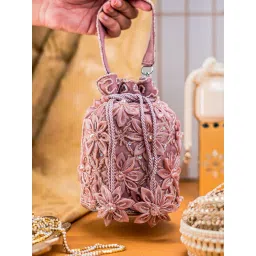 NR BY NIDHI RATHI Mauve Satin Potli Clutch with Floral Detailing-picture-30