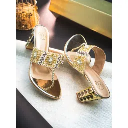 NR by Nidhi Rathi Women's Golden T-Strap Sandals-picture-35