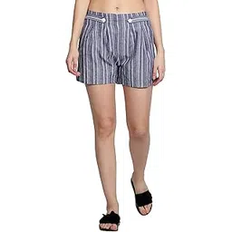 nuevosdamas Cotton Striped Linen Shorts for Women | Shorts with Adjustable Belt and Pockets_ Blue/White-picture-51