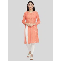 NUEVOSDAMAS Women Orange Cotton High Slit Floral Kurta-picture-30
