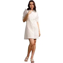 nuevosdamas Women Pure Cotton Self Design Schiffli Embroidered Shirt Dress-picture-44