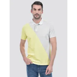 Numero Uno Light Grey & Lime Yellow Cotton Regular Fit Color Block Polo T-Shirt-picture-36