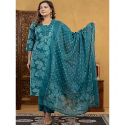 NUNCHII Women Floral Printed Regular Thread Work Pure Cotton Kurta with Trousers & With Dupatta-picture-13