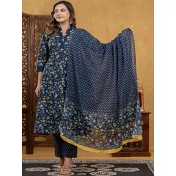 NUNCHII Women Floral Printed Regular Thread Work Pure Cotton Kurta with Trousers & With Dupatta-picture-22