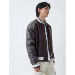 nuon men Nuon by Westside Dark Brown Typographic Relaxed-Fit Varsity Jacket-picture-17