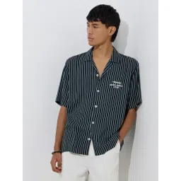 nuon men Nuon by Westside Dark Green Stripe Pattern Relaxed-Fit Shirt-picture-36