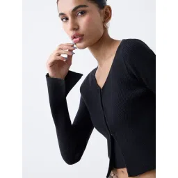 nuon women Nuon by Westside Black Ribbed Textured Cardigan with Inner image 4