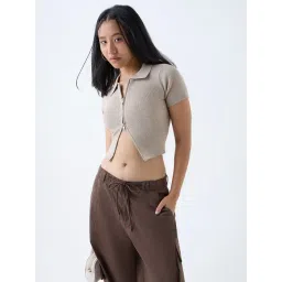 nuon women Nuon by Westside Beige Ribbed-Textured T-Shirt-picture-42