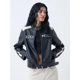 nuon women Nuon by Westside Black Text Design Faux Leather Jacket-picture-35