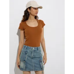 nuon women Nuon by Westside Brown Ribbed-Textured Cotton-Blend T-Shirt-picture-38