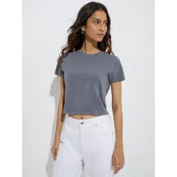 nuon women Nuon by Westside Grey Solid Cotton-Blend T-Shirt-picture-28