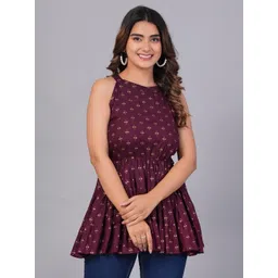 NUPITAL Women Coffee Brown Polka Dot Print Halter Neck Block Print Top-picture-12