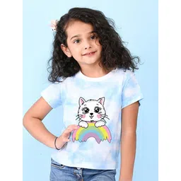 NUSYL Girls Cat & Rainbow Printed Round Neck Short Sleeves Tie & Dye T-Shirt-picture-34