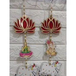 Nutts 2-Pcs Pink & Yelloe Wooden Lotus With Laxmi & Ganesh Ji Hanging FestiveDecor-picture-21