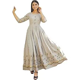 nxiba Anarkali Kurti with Button Design Rayon Fabric Grey Color Porcine Printed Round Neck 3/4 Sleeves Ankle Length Kurta Gown for Women & Girls-picture-22
