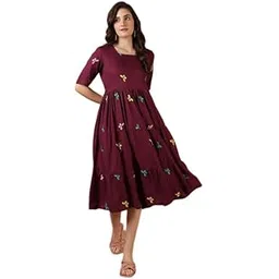 nxiba Women's Rayon Flared Midi Dress | Embroidered Butterfly Design | Square Neck Fit & Flare Dress | Comfortable Daily & Casual Wear-picture-34