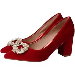 o&e Odds and Ends Red High Block Heel Bellies with Elegant White Stone Embellishments and Golden Clamp - Stylish Pointed Toe Women's Shoes for Unmatched Glamour-picture-46