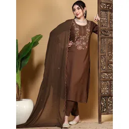 Oash Women Ethnic Motifs Printed Regular Thread Work Kurta with Trousers & With Dupatta-picture-13