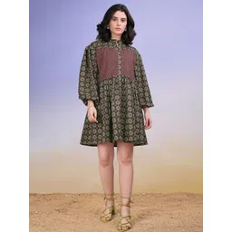 OBSHIVKA Floral Printed Puff Sleeves Fit & Flare Cotton Mini Dress-picture-23