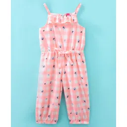 O'Carina Cotton Woven Sleeveless Checked Jumpsuit Floral Print - Orange-picture-26